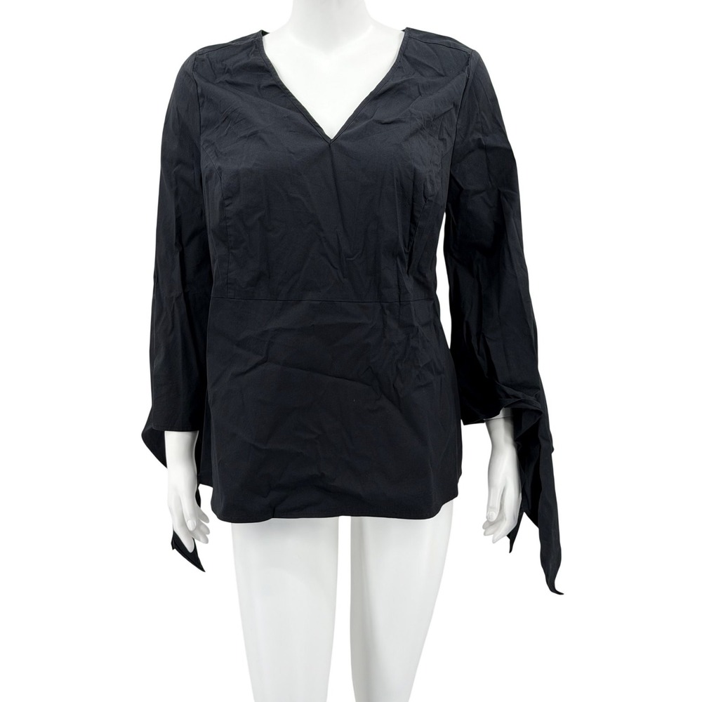 J Crew Universal Standard Top Womens Large Black Poplin Tie Cuff V-Neck Preppy
